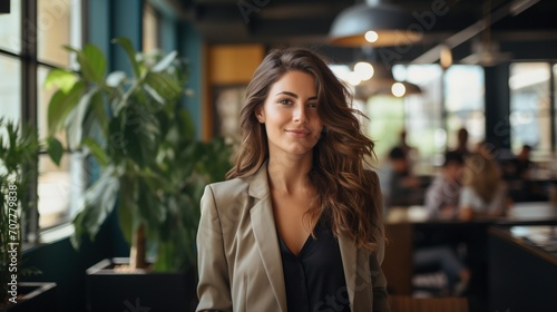 Smirking office lady looking at camera portrait image
