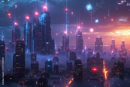 A futuristic city skyline with holographic cryptocurrency symbols floating in the sky, neon-lit ambiance