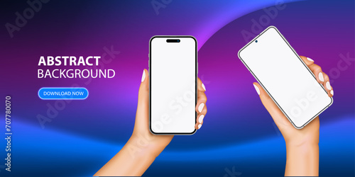 Woman and man hands hold smartphones with a blank screen background banner. Vector illustration with hands holding phones banner with wave effects background. Vector.