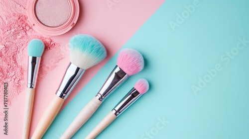 Make up background with decorative cosmetic products. Beauty industry banner with brushes and shadows