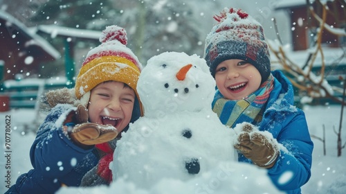 happy children make snowman.