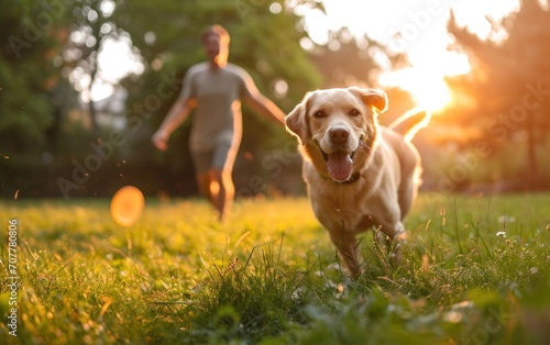 Golden retriever dog running in the park with young man in the background photo