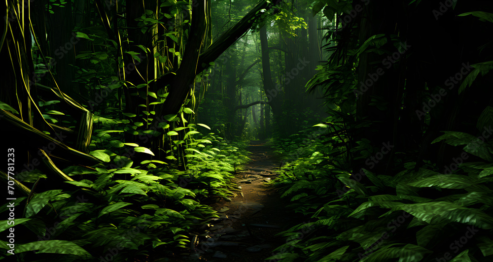 a path winding through the dense tropical rainforest
