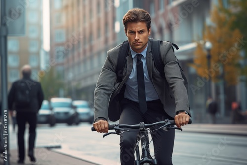 Male office worker rides on a bicycle to work on a city street. AI generative
