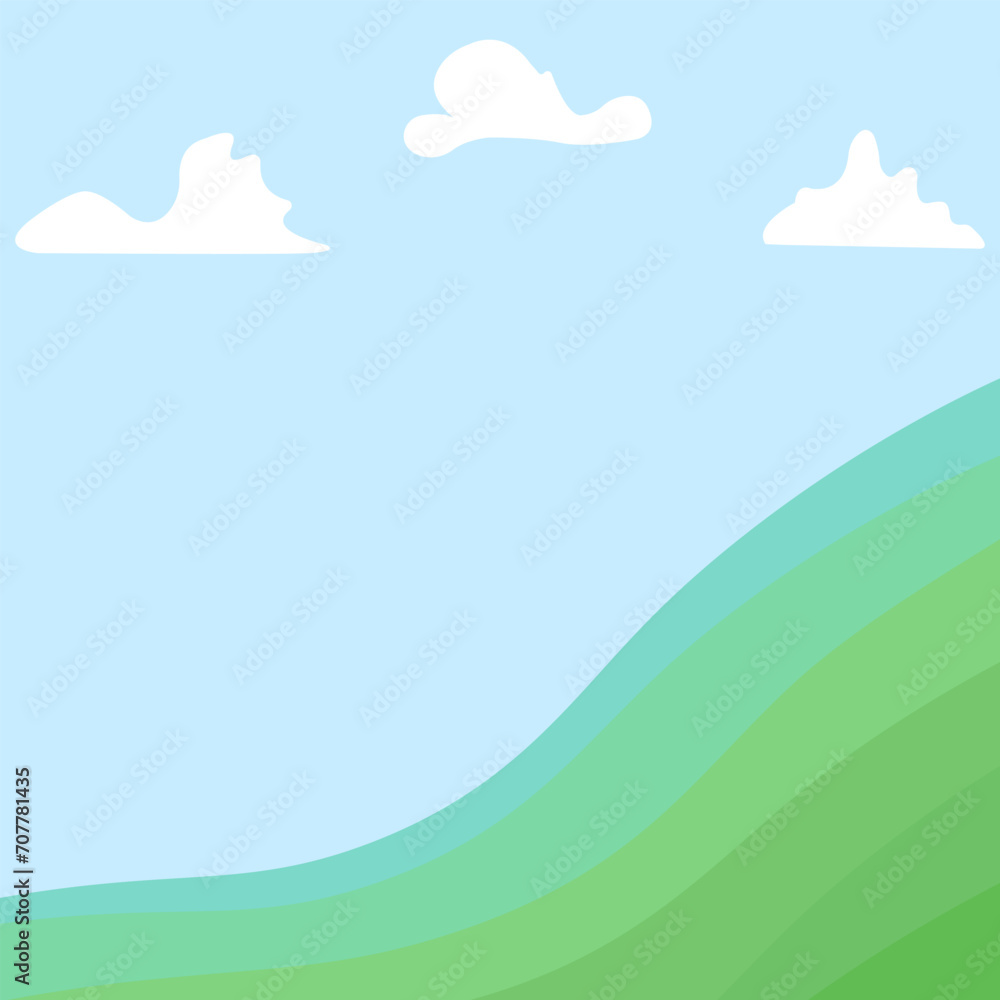 landscape with clouds. Green grass and white clouds on blue background. Spring or summer card, poster, template, background, paper, wallpaper with place for text.