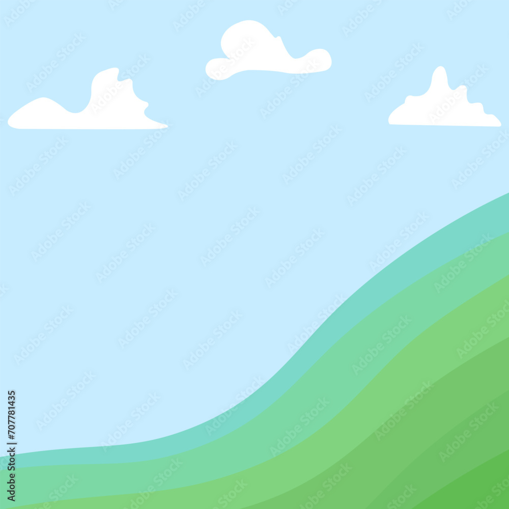 landscape with clouds. Green grass and white clouds on blue background. Spring or summer card, poster, template, background, paper, wallpaper with place for text. landscape with clouds. Green grass and white clouds on blue background. Spring or summer card, poster, template, background, paper, wallpaper with place for text.