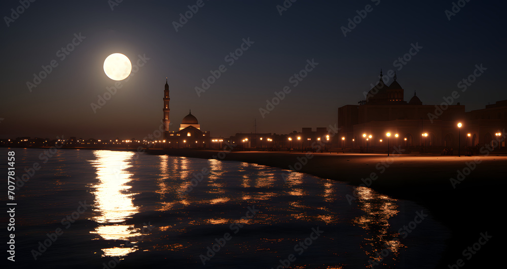 the moon is shining bright on a cityscape by the water