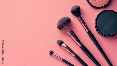 Make up background with decorative cosmetic products. Beauty industry banner with brushes and shadows