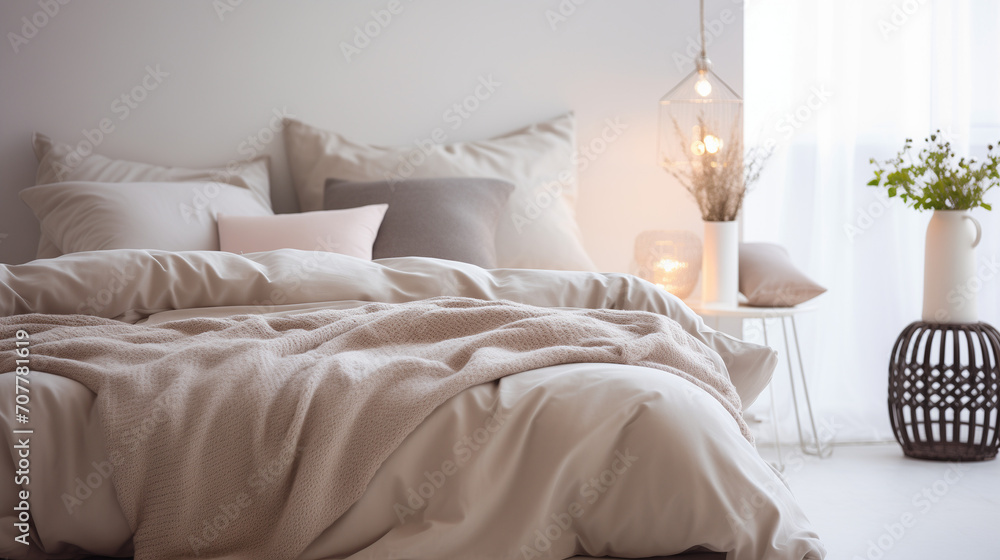 tranquility with interior bedroom scene, where a blurred setting meets a cozy style. warm light, Bed, soft blanket, rug, picture frame, Pastel beige and grey bedding on bed, Ai generated image