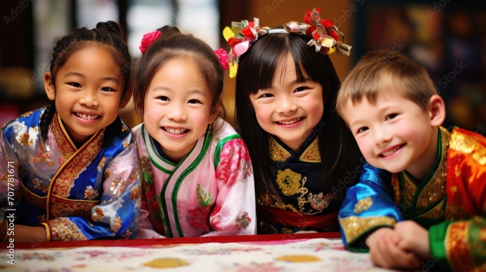 cultural of China as school kids participate in a festive celebration. Traditional attire, vibrant decorations. cultural of China as school kids participate in a festive celebration. Traditional attire, vibrant decorations.