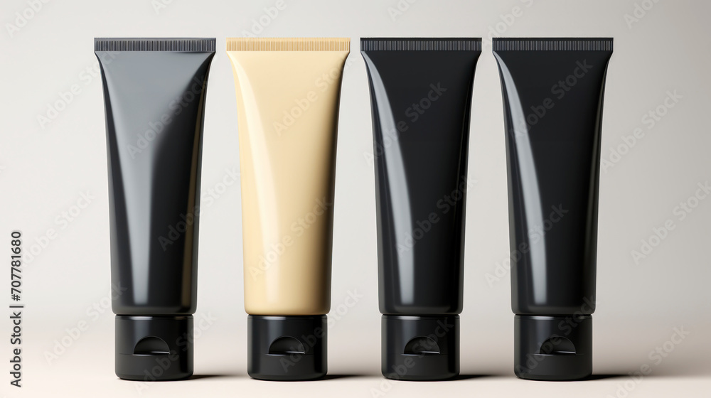 Close up of cream tubes group, product mock-up. Light background. Layout for cosmetics. Copy space. Generative AI Close up of cream tubes group, product mock-up. Light background. Layout for cosmetics. Copy space. Generative AI