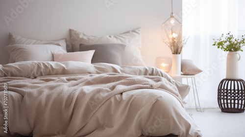 tranquility with interior bedroom scene, where a blurred setting meets a cozy style. warm light, Bed, soft blanket, rug, picture frame, Pastel beige and grey bedding on bed, Ai generated image © PixxStudio