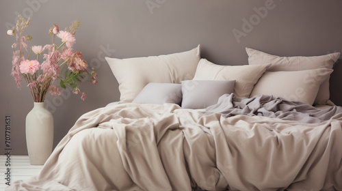 Interior of the minimalist bedroom with a wooden bed and a grey wall, Pastel beige and grey bedding on bed, Ai generated image