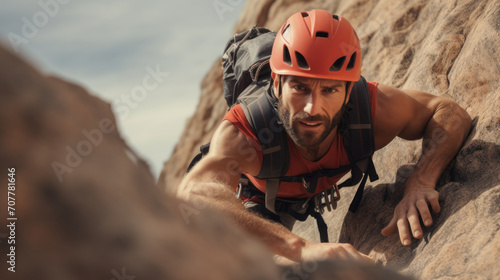 Rock Climber in Helmet Scaling a Cliff Face
