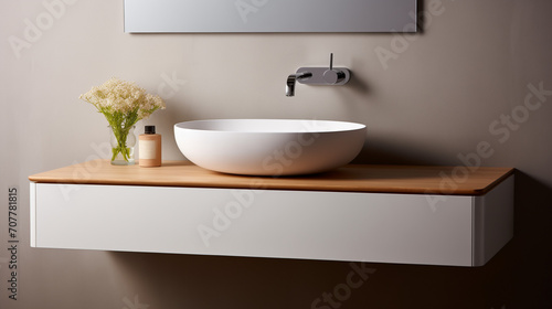 Modern bathroom interior  Sleek Wooden Vanity and Ceramic Sink in Bathroom  Wall-mounted vanity with white ceramic vessel sink  Ai generated image
