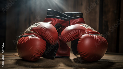 Red Boxing Gloves Resting on Wooden Surface