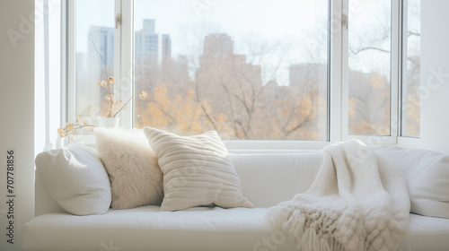 white sofa in a room  beige fabric sofa  the concept of home comfort and cozy  copy space  close up  White cushions and cream color blanket on white sofa against of window  Ai generated image