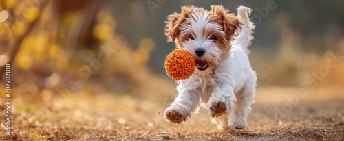 Cute Jack Russell Terrier puppy running with an orange ball in its mouth