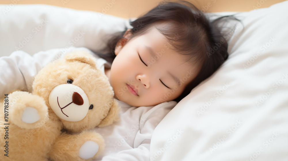 Newborn Asian baby girl sleeping with a teddy bear. Generative AI. Newborn Asian baby girl sleeping with a teddy bear. Generative AI.