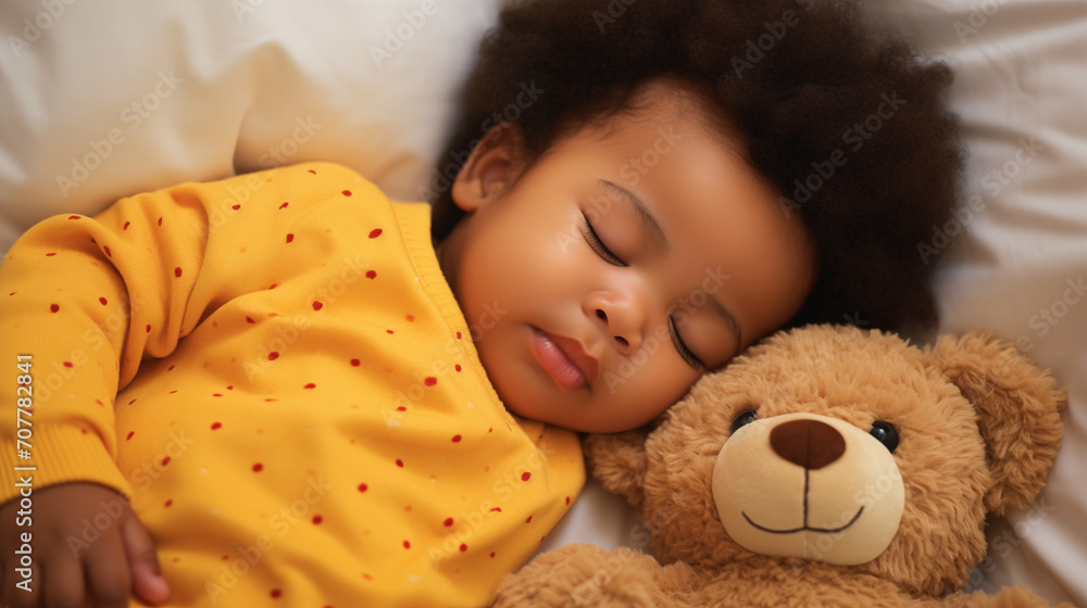 Newborn African baby boy sleeping with a teddy bear. Generative AI. Newborn African baby boy sleeping with a teddy bear. Generative AI.
