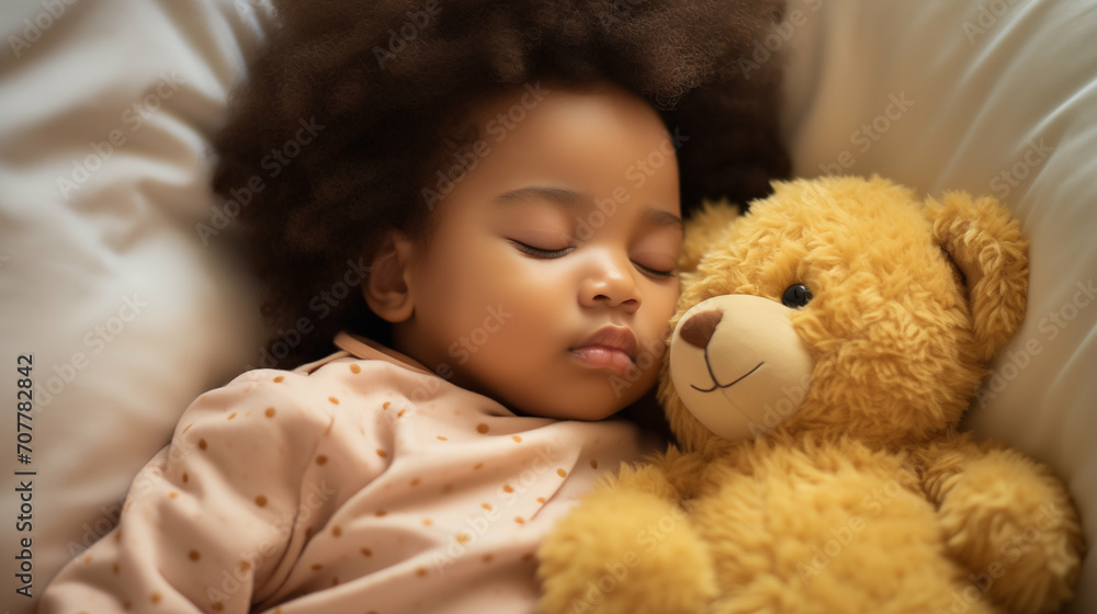 Newborn African baby girl sleeping with a teddy bear. Generative AI.