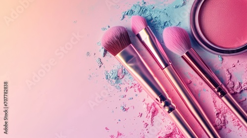 Make up background with decorative cosmetic products. Beauty industry banner with brushes and shadows