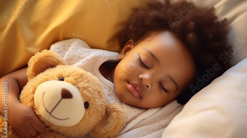 Newborn African baby girl sleeping with a teddy bear. Generative AI.