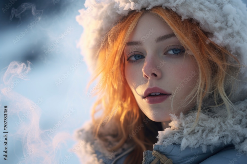 Woman wearing winter jacket clothes and beanie on head Woman wearing winter jacket clothes and beanie on head