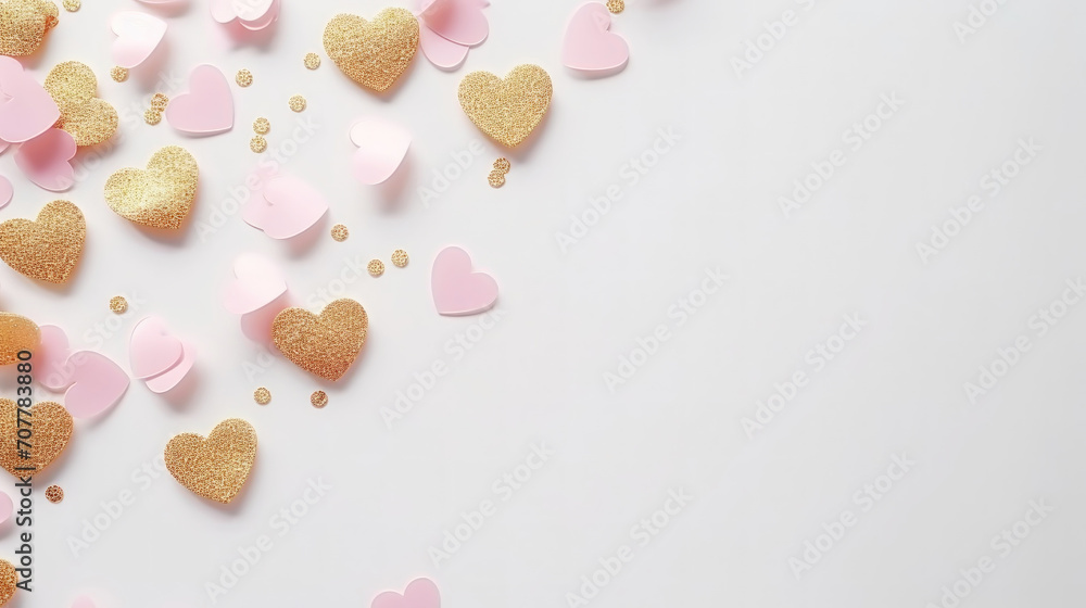 Aesthetic white and gold hearts on light background. Minimalist love concept. Copy space. Generative AI Aesthetic white and gold hearts on light background. Minimalist love concept. Copy space. Generative AI