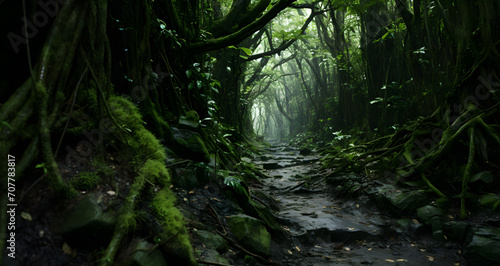 a dark dirt road in the jungle covered with green tree roots