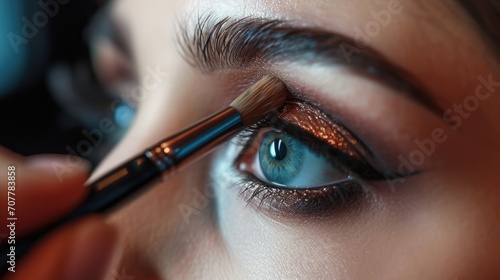 Close up of a makeup artist applying eyes shadows makeup with a brush to a model. Beauty industry