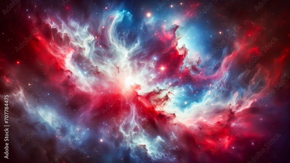 A stunning outer space nebula wallpaper featuring a vibrant blend of red, white, and blue colors