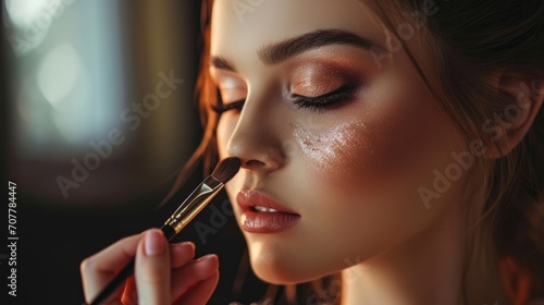 Close up of a makeup artist applying makeup with a brush to a model. Beauty industry photo