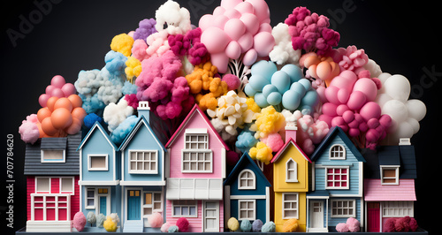 a colorful house and many multi - colored balloons are piled to the side