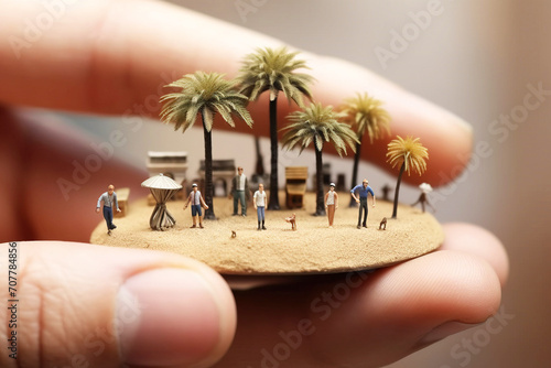 Miniature eco system with toy people, saving nature in a symbolic settlement. © Serhii