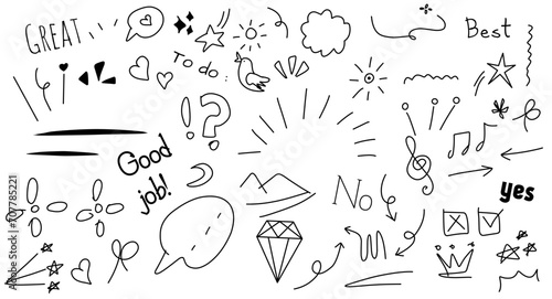 Doodle cute glitter pen line elements. Doodle heart, arrow, star, sparkle decoration symbol set icon. Simple sketch line style emphasis, attention, pattern elements. Vector illustration.