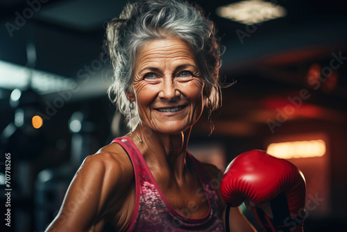 Mature elderly woman pensioner smiling happily doing boxing lifestyle for health in gym.