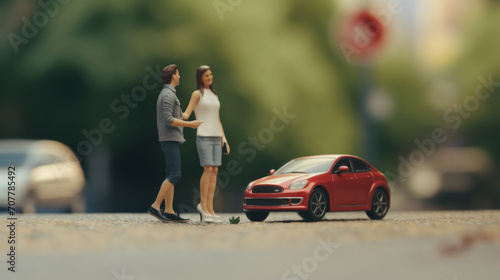Miniature Figures with Red Car on Model City Street