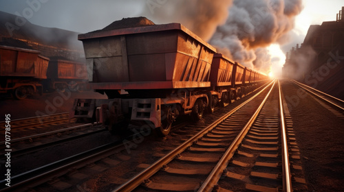 Mining Freight Train Hauling Ore at Sunrise