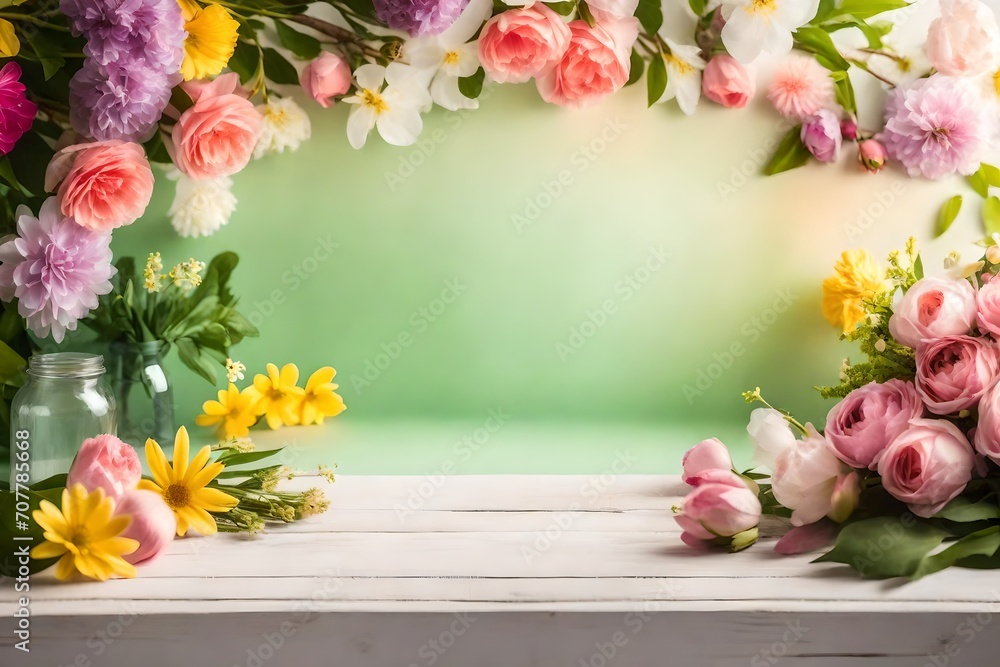 Backdrop for photo studio with spring decor for kids and family photo sessions.Selective focus--