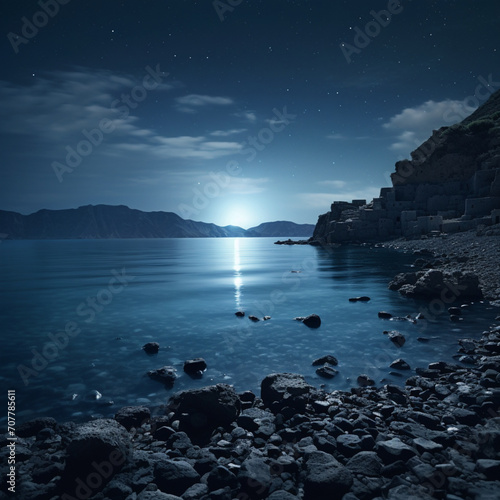 Fondo con detalle de paisaje natural nocturno con reflejos de luz de luna sobre agua tranquila