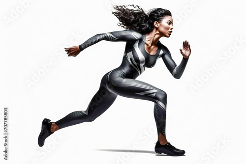 African American woman athlete sprinter runner, competitive training, white background isolate.