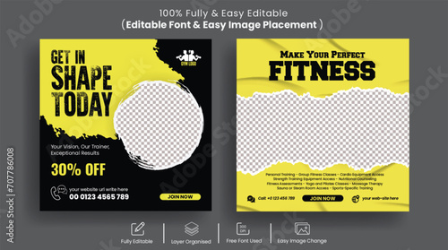 Gym and fitness workout social media post banner or instagram post or website banner editable template with black and yellow background design