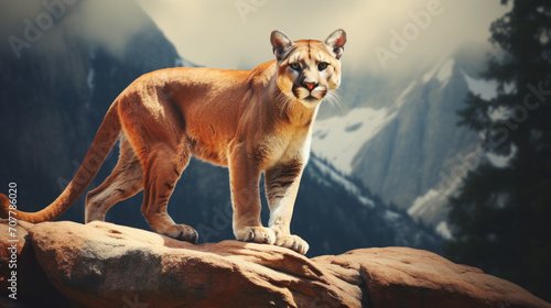 Majestic Mountain Lion Standing on Rocky Cliff