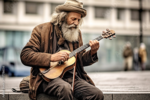 A sad elderly street musician entertains passers-by on a city street by playing a musical instrument.