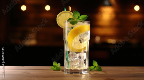 Lemonade Glass with Fresh Mint on Wooden Table