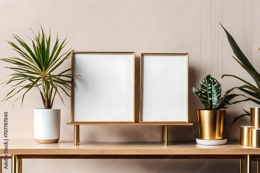 The room interior with mock up photo frame on the retro wooden shelf. Hanging plant in design pot, tropical plant, gold pyramid, design coffe table with books. Concept of minimalistic retro shelf.-