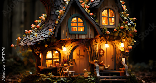 a miniature fairy house made out of wood and lights up