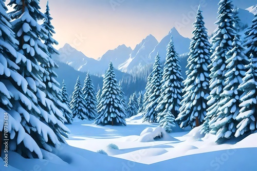 Merry christmas Snow forest. pines in winter and mountain Paper vector Illustration 3d render 