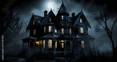 an old haunted house in a graveyard with a full moon